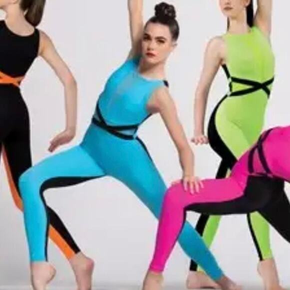 Weissman Elite Dance Turquoise and Black Sleeveless Catsuit size large - Picture 2 of 12